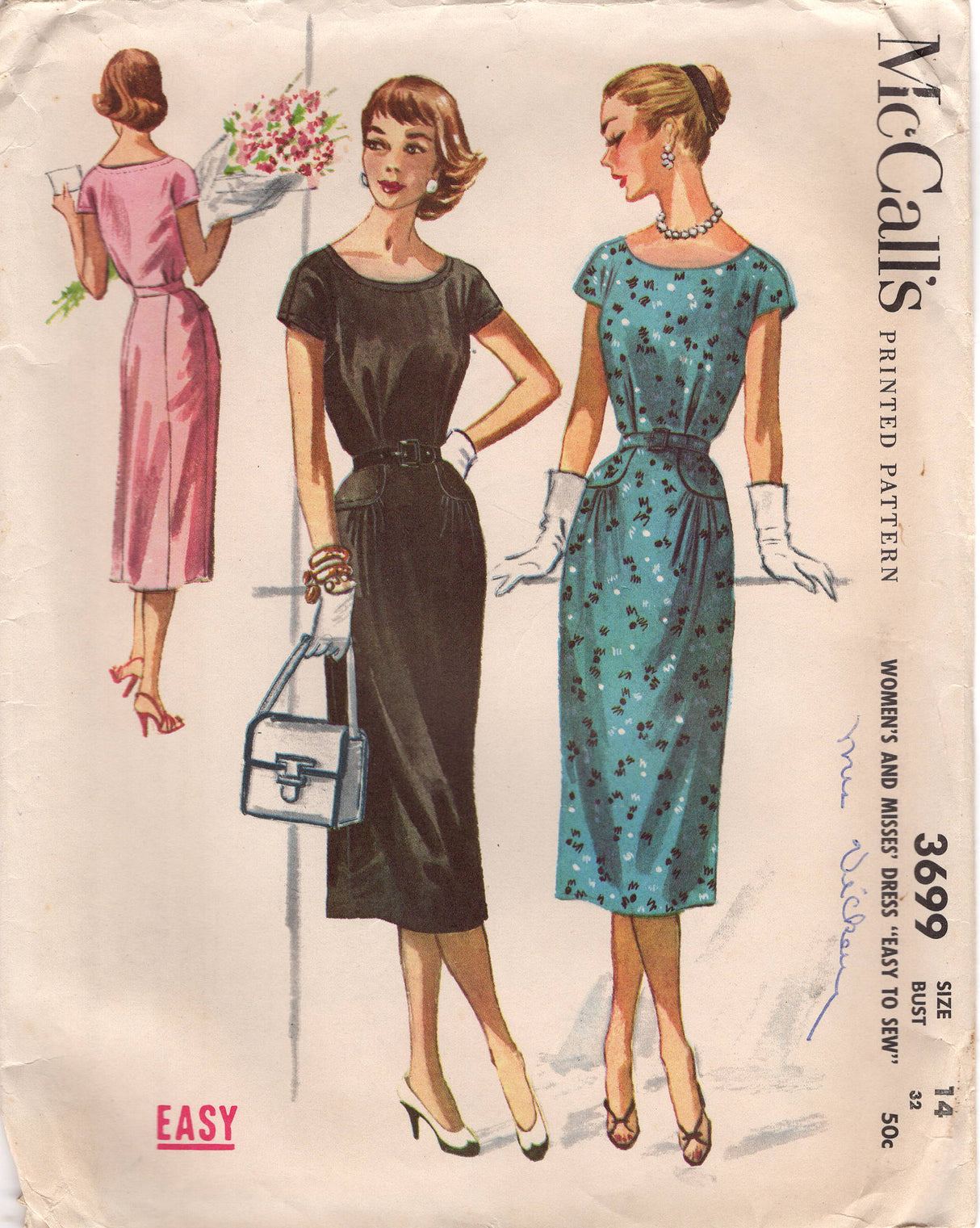 1950's McCall Sheath Dress with Hip Yokes and Scoop Neckline - Bust 32" - No. 3699