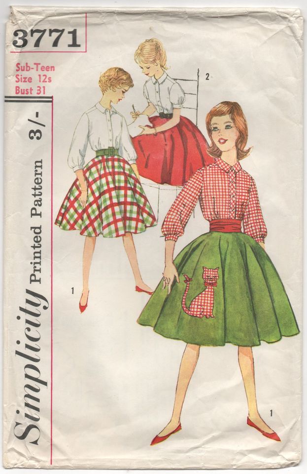 1960's Simplicity Girl's Button Up Blouse, and Flared skirt Pattern & Cat Transfer - Bust 31