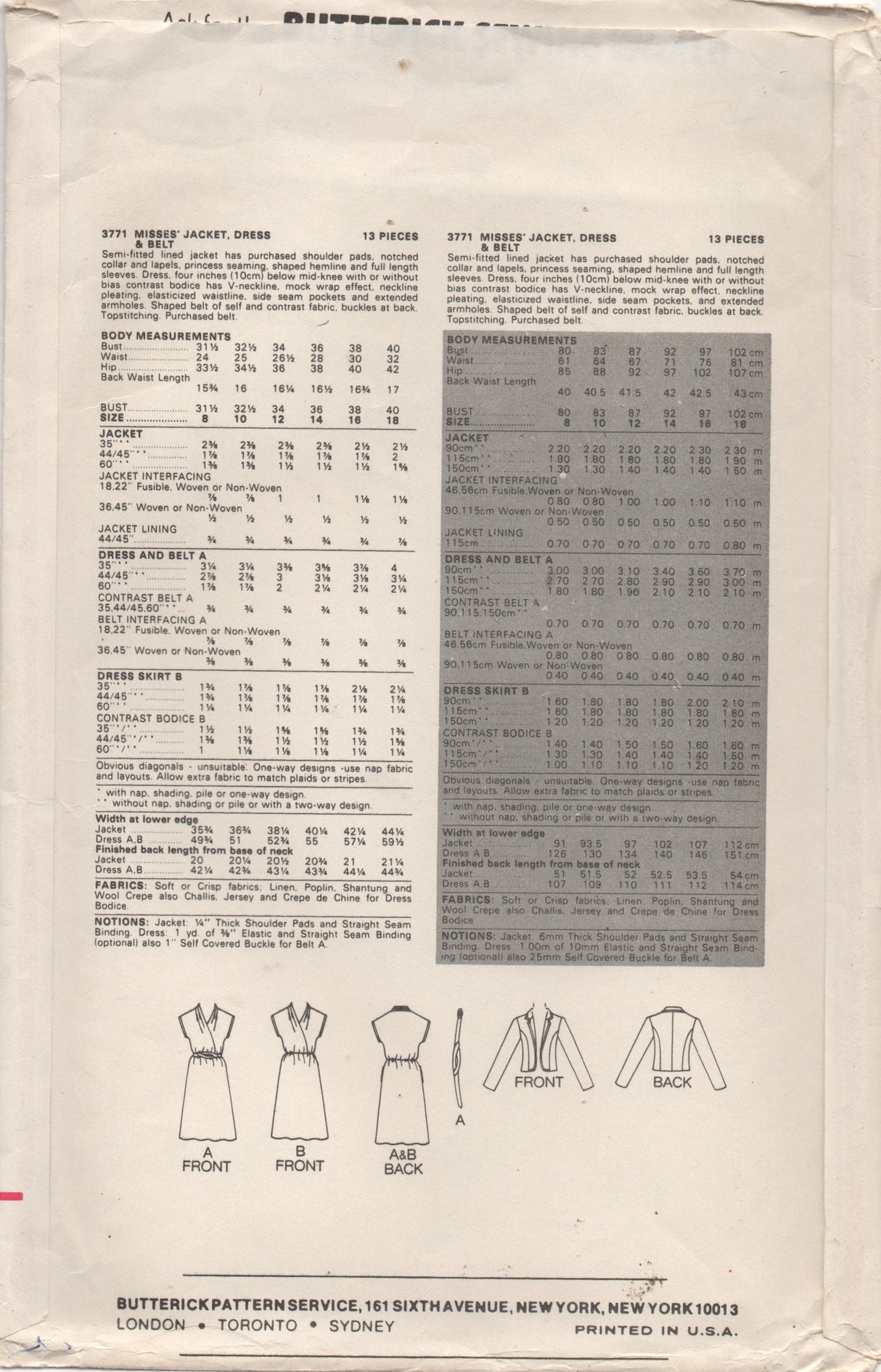 1980's Butterick Dress pattern with Surplice bodice, A line skirt and Jacket pattern - Bust 31.5" - UC/FF - No. 3771