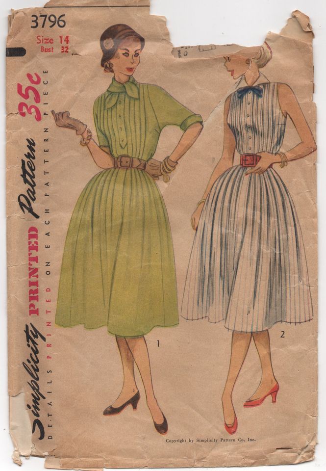 1950's Simplicity One Piece Dress with Tucked Bodice and Bow Detail - Bust 32