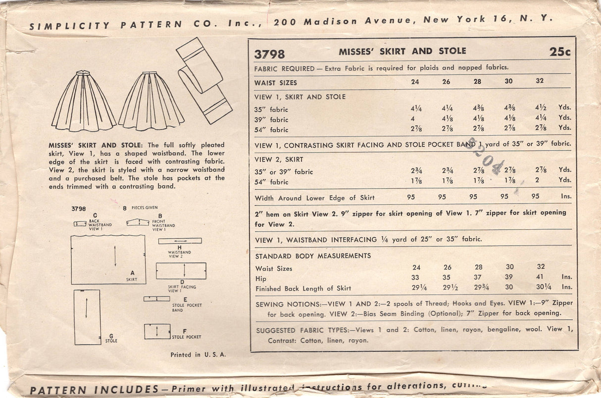 1950's Simplicity Softly Pleated Skirt with Raised Waistband Pattern - Waist 24" - no. 3798