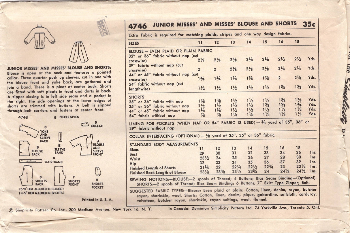 1950's Simplicity Button-Up Blouse with Elbow Length Sleeves and High Waisted Shorts Pattern - Bust 30" - No. 4746