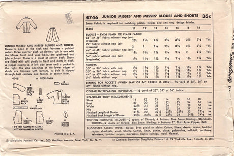1950's Simplicity Button-Up Blouse with Elbow Length Sleeves and High Waisted Shorts Pattern - Bust 30" - No. 4746