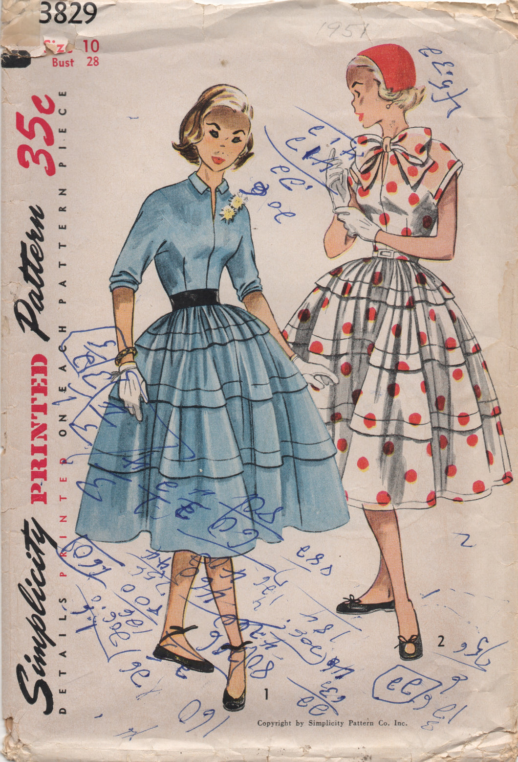 1950's Simplicity One Piece Dress with Pussy Bow and tiered skirt - Bust 28