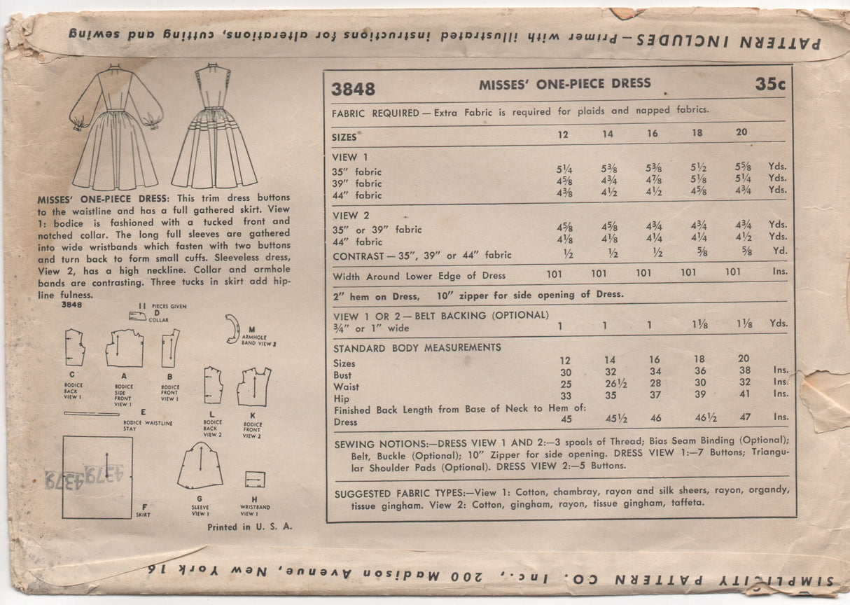 1950's Simplicity Afternoon Tea Dress Pattern - Bust 32" - no. 3848