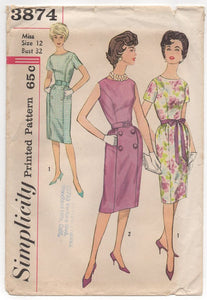 1960's Simplicity One Piece Dress with or Without sleeves - Bust 32" - No. 3874