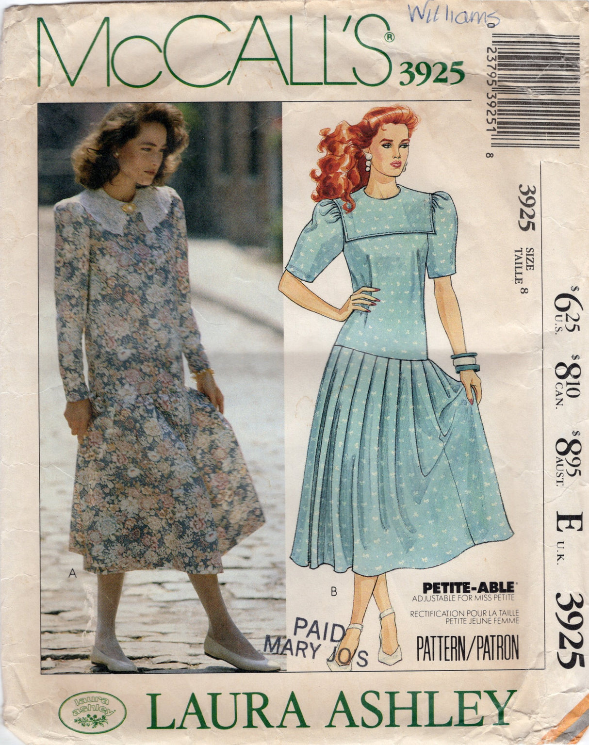 1980's McCall's Laura Ashley Drop Waist Dress with Pleated Skirt and Sailor Collar Pattern  - Bust 31.5" - No. 3925