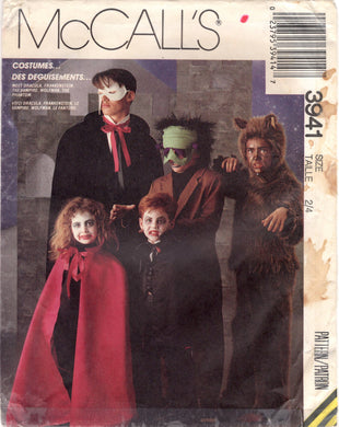 1980's McCall's Child's Monster Costume, Vampire, Frankenstein, Were Wolf, Masked Villian - Size 2/4, 5/6, 8/10- No. 3941