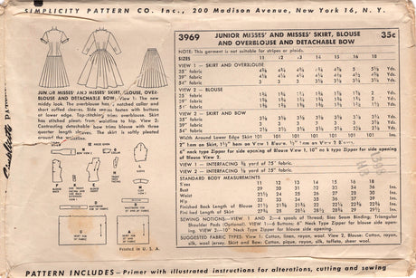 1950's Simplicity Pleated Skirt, Blouse, Overblouse with Detachable Bow pattern - Bust 30" - No. 3969