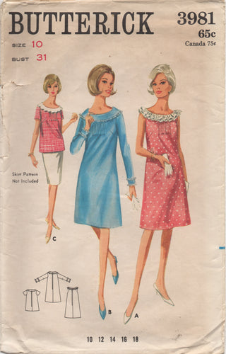 1960's Butterick One Piece Maternity Dress with Pin Tuck Front & Large Collar - Bust 31