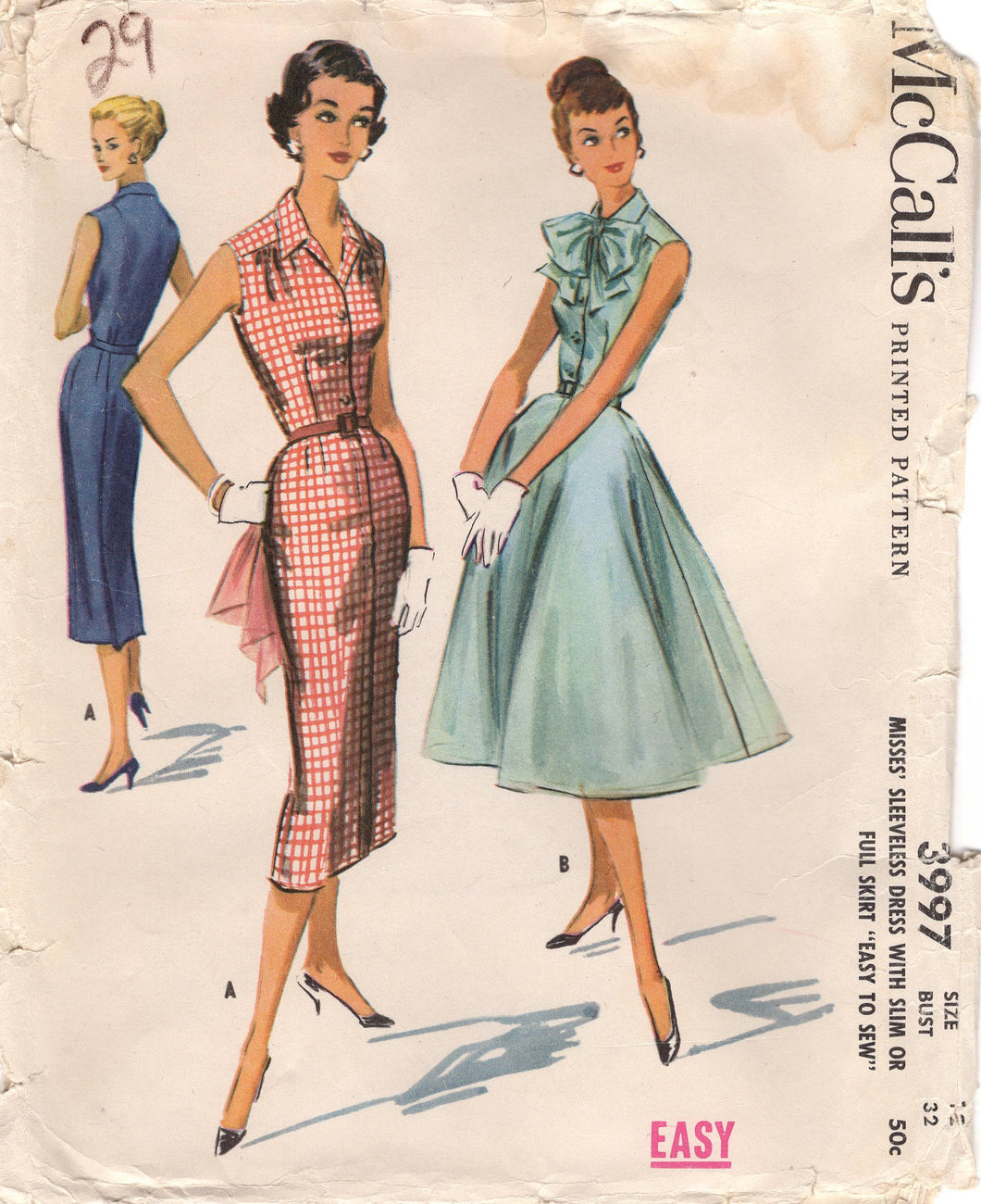 1950's McCall's Fit and Flare or Sheath One Piece Dress with Pussy Bow Detail - Bust 32