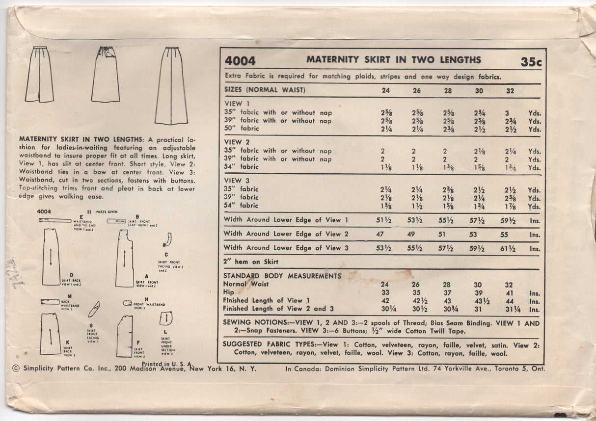 1950's Simplicity Maternity Skirt in two lengths - Waist 26" - No. 4004