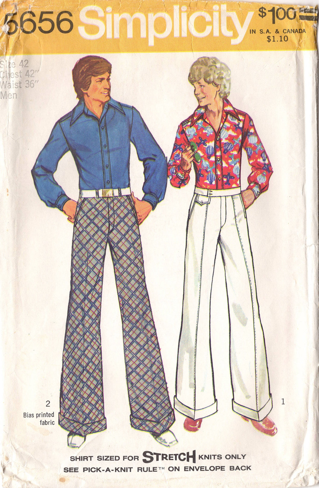 1970's Simplicity Men's Disco outfit, Shirt with large Collar and Bell Bottom Pants - Chest 42