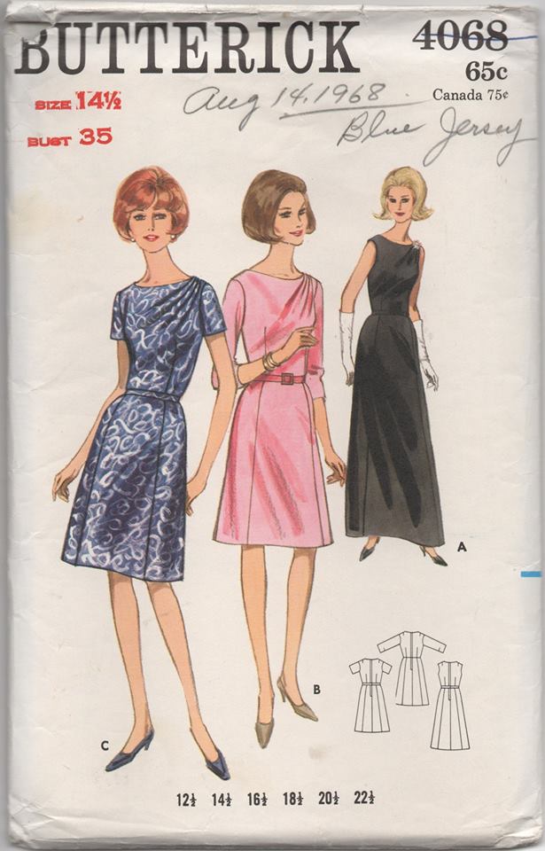 1960’s Butterick One Piece Dress with Gathered Left shoulder in two lengths- Bust 35