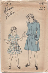 1940's Advance Child's One Piece Shirtwaist Dress with Tie Back - Chest 23" - No. 4081