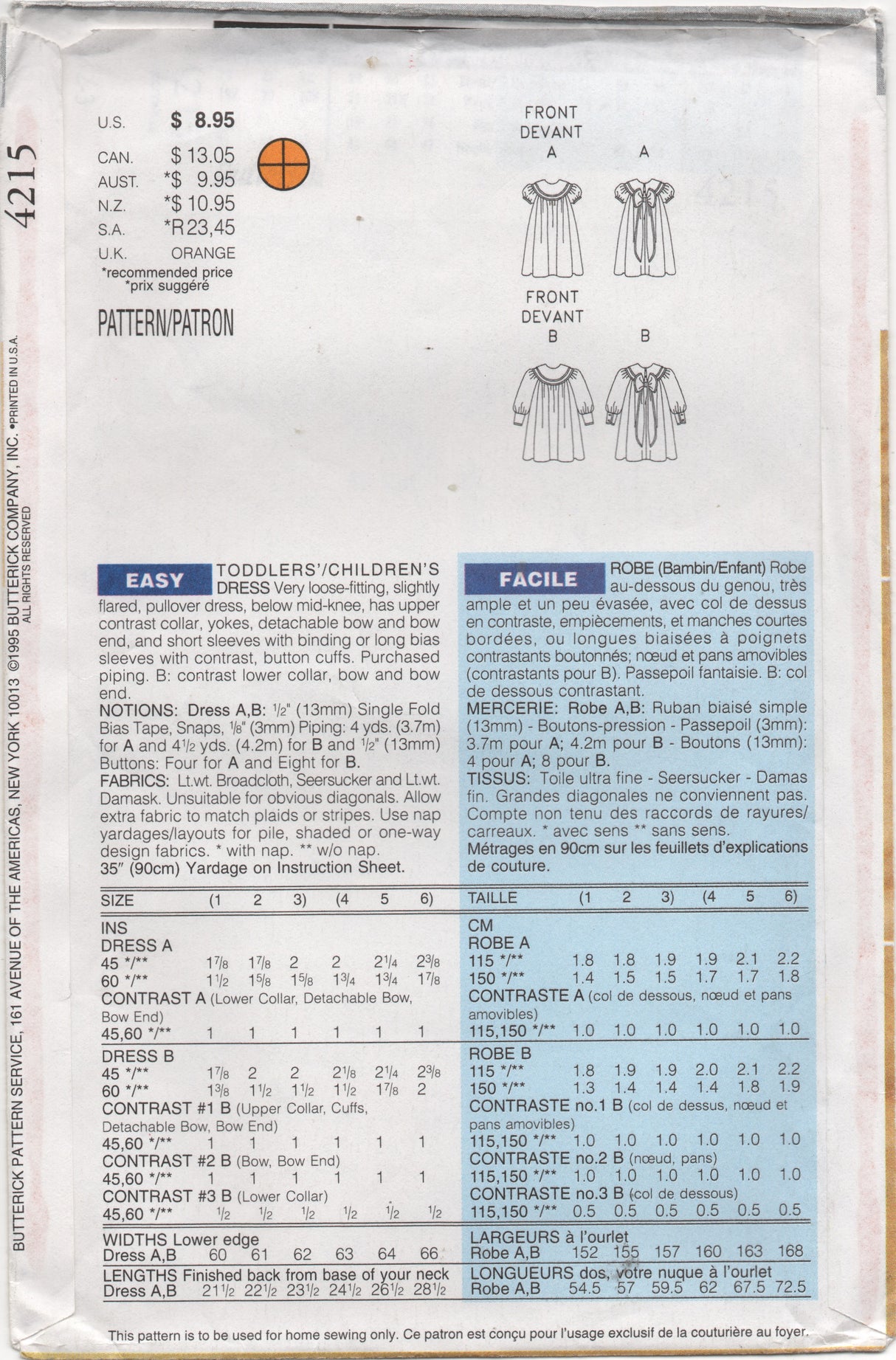 1990's Butterick Child's One Piece Dress with Large Yoke and Puff Sleeves - Size 1,2,3 - No. 4215