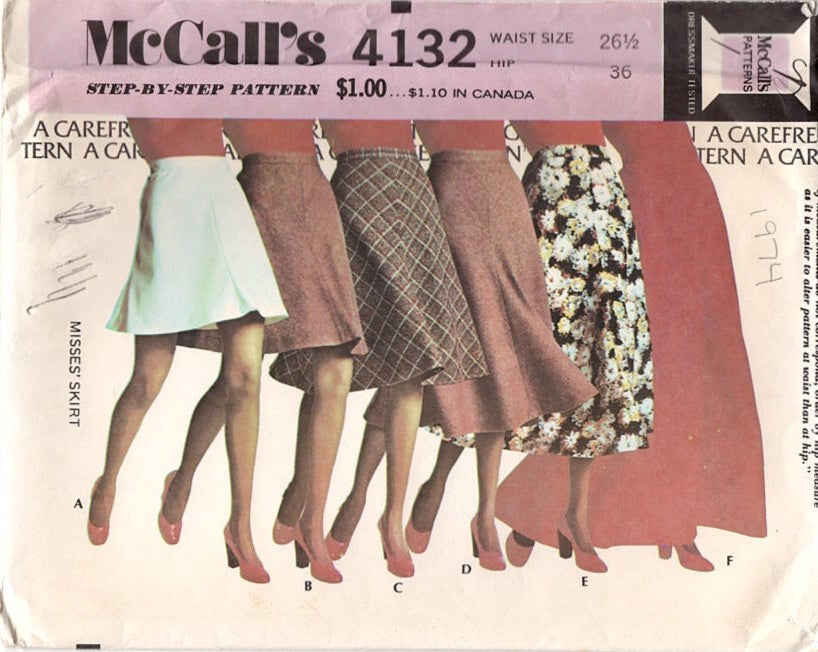 1970's McCall's Flared Skirt Pattern in 6 lengths - Waist 26.5