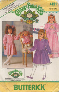 1980's Butterick Child's One Piece Dress Pattern with Drop Waist and Long Sleeves - Cabbage Patch Kids Doll dress - Size 5-6-6x - No. 4151