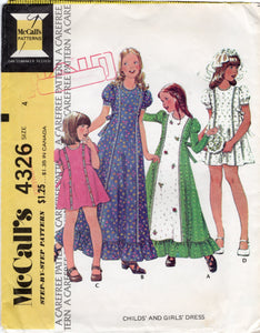 1970's McCall's Child's Maxi or Tunic Princess line Dress with Juliet or Puff Sleeve pattern - Chest 23" - No. 4326