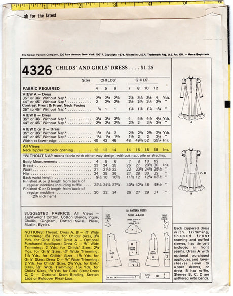 1970's McCall's Child's Maxi or Tunic Princess line Dress with Juliet or Puff Sleeve pattern - Chest 23" - No. 4326