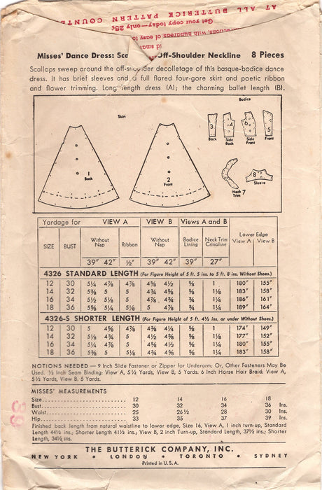 1940’s Butterick Princess Line Evening Gown pattern with Scallop Trim Neckline - Bust 30” - No. 4326