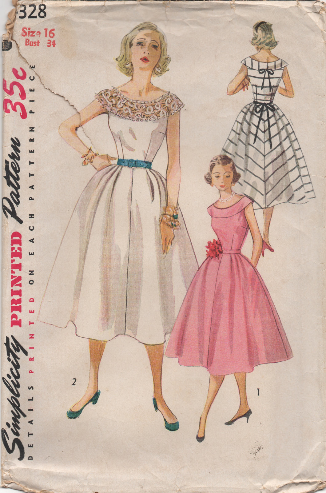 1950's Simplicity One Piece Dress with Boat Neck - Bust 34