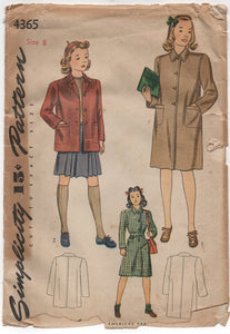1940's Simplicity Girl's Coat with self-drafted belt Pattern - Bust 26" - No. 4365