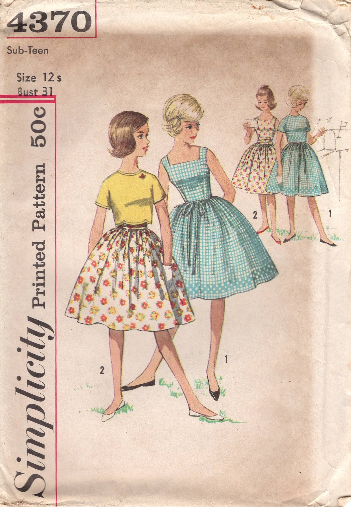 1950's Simplicity Teen Overblouse and Fit and Flare Dress - Bust 31" - No. 4370