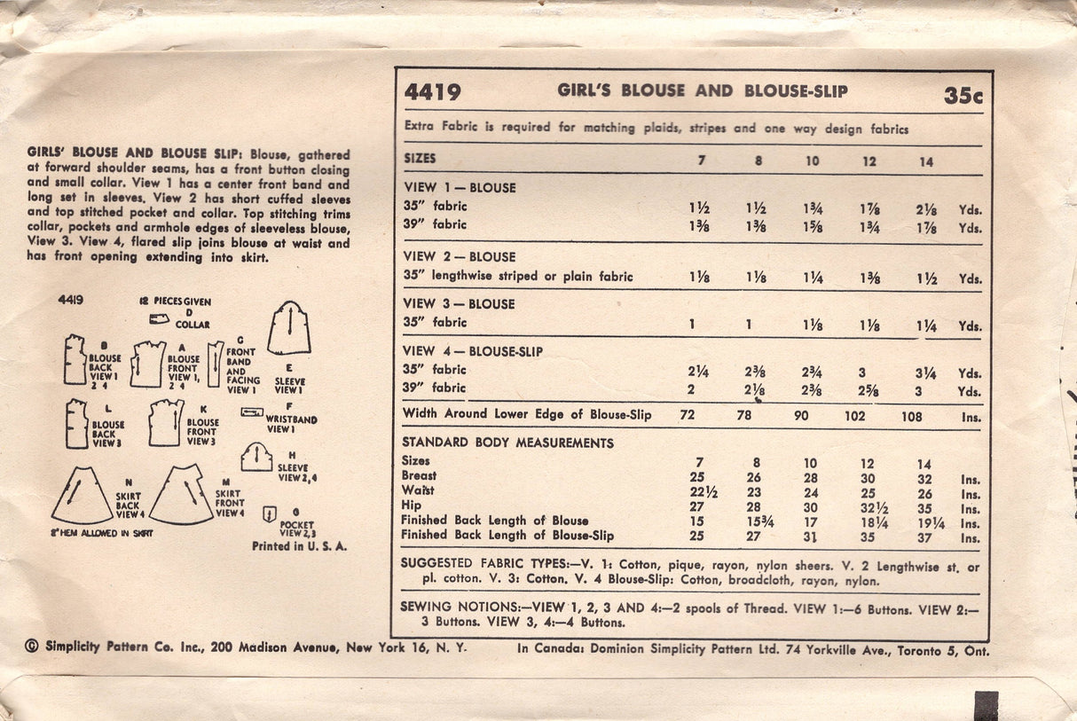 1950's Simplicity Child's Button Up Blouse and Blouse Slip Pattern - Chest 28" - No. 4419