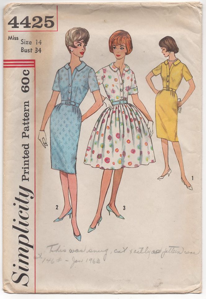 1960’s Simplicity One Piece Dress with Pleated or Straight Skirt - Bust 34" - No. 4425