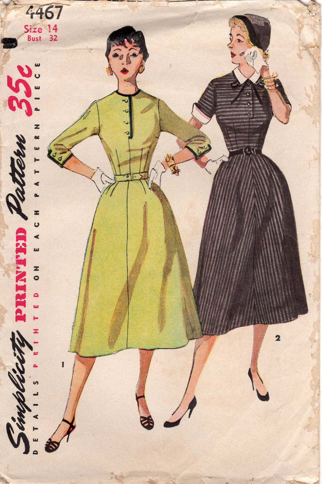 1950's Simplicity Fit and Flare Dress Pattern with Three Quarter or Short Sleeves - Bust 32