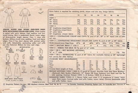 1950's Simplicity Fit and Flare Dress Pattern with Three Quarter or Short Sleeves - Bust 32" - No. 4467