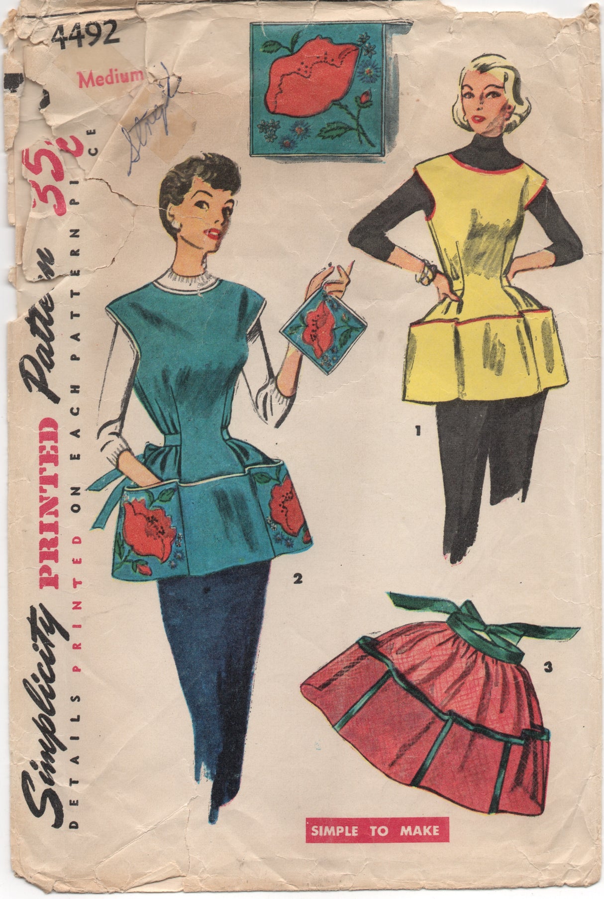 1950's Simplicity Full Apron with Pockets, Oven Mitt and Unused Transfer Pattern - Bust 34-36" - no. 4492