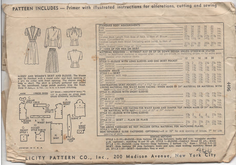 1940’s Simplicity Blouse, Jumper or Skirt with Large Pockets - Bust 30" - No. 4496