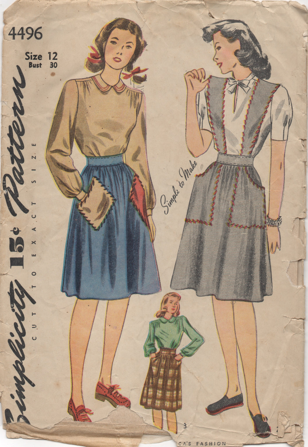 1940’s Simplicity Blouse, Jumper or Skirt with Large Pockets - Bust 30