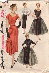 1950's Simplicity Slim Fit Sheath Dress Pattern with Scallop Neckline, Full Overskirt and Bolero Jacket - Bust 32" - No. 4499