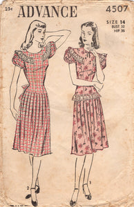 1940's Advance Drop Waist Day Dress with Bow Accent - Bust 32" - No. 4507