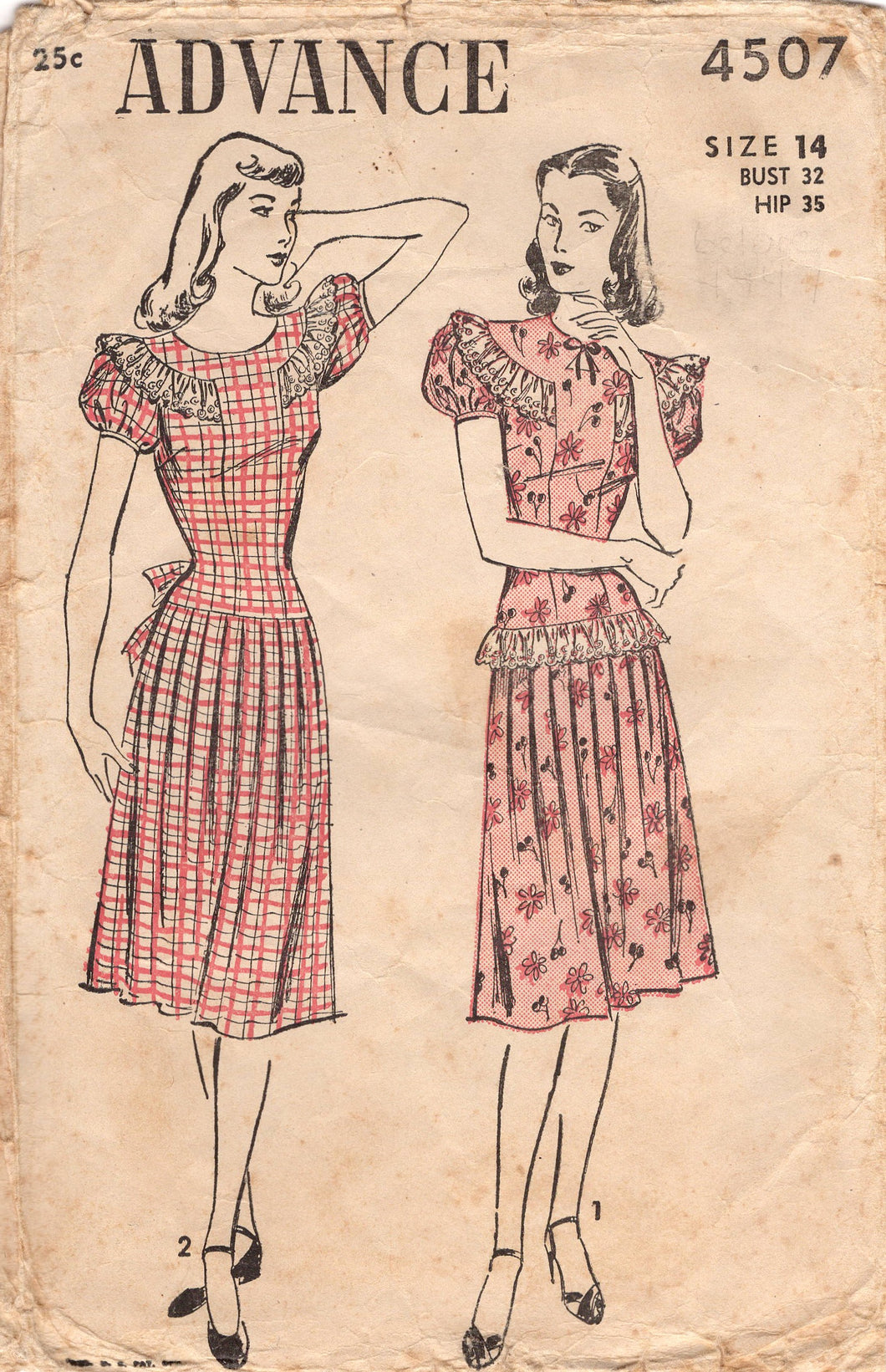 1940's Advance Drop Waist Day Dress with Bow Accent - Bust 32