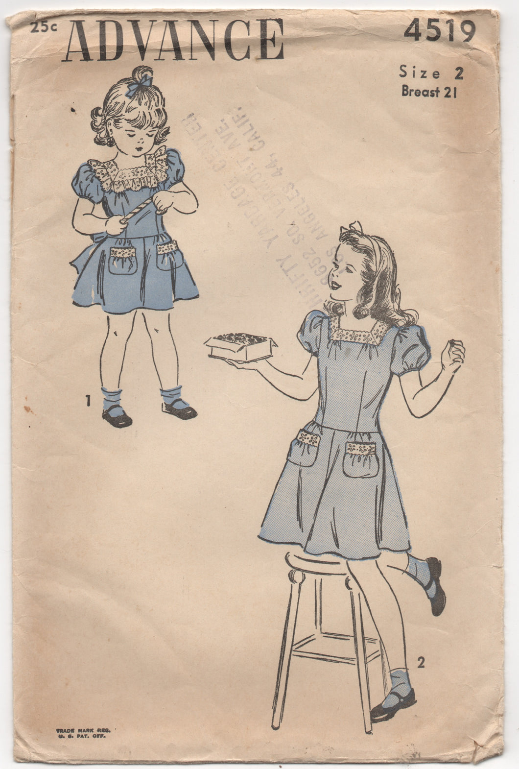 1940's Advance Child's One Piece Tie-Back Dress with basket pockets - Chest 21