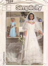1980's Simplicity Wedding Dress with High or Sweetheart Neckline, Train, and Puff Sleeves pattern - Michele Piccione - Bust 32.5" - No. 7259