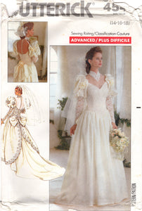 1990's Butterick Wedding Dress with Sweetheart Neckline, Train, and Juliet Sleeves pattern - Bust 36-38-40" - No. 4549