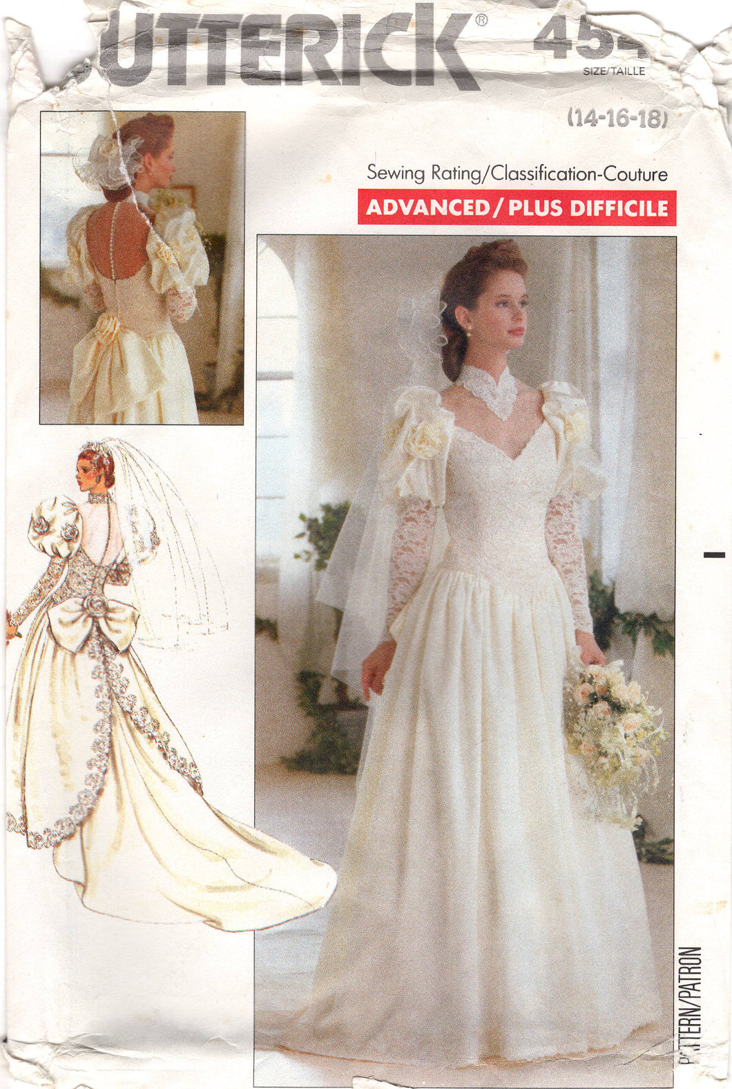 1990's Butterick Wedding Dress with Sweetheart Neckline, Train, and Juliet Sleeves pattern - Bust 36-38-40