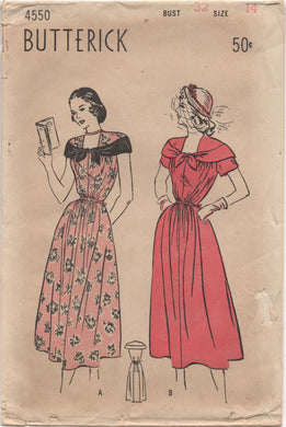 1940's Butterick One Piece Maternity Dress with Drawstring Waistline and Tie Accent - Bust 32