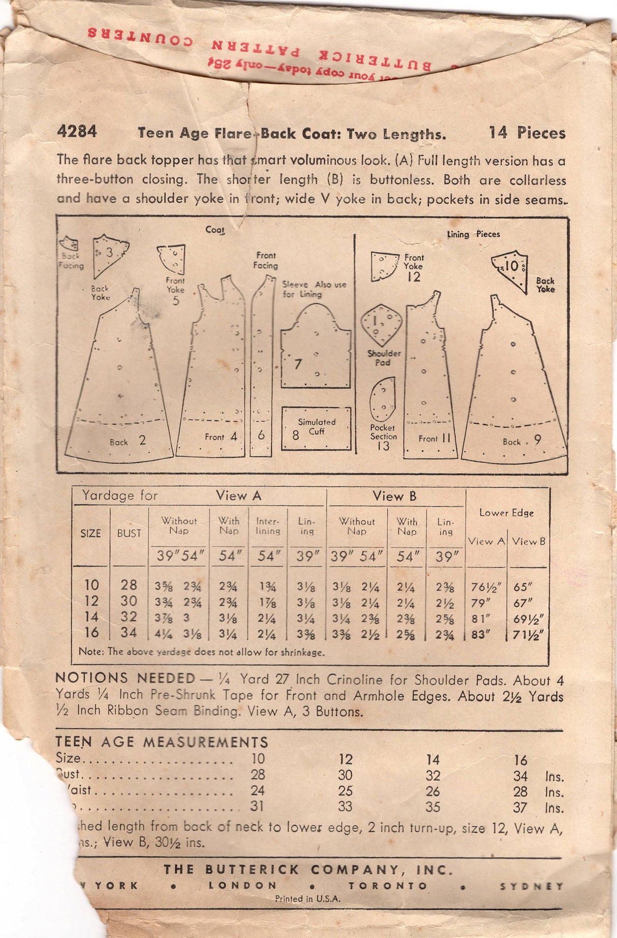 1940's Butterick Flare-back Coat Pattern - Bust 30" - No. 4284