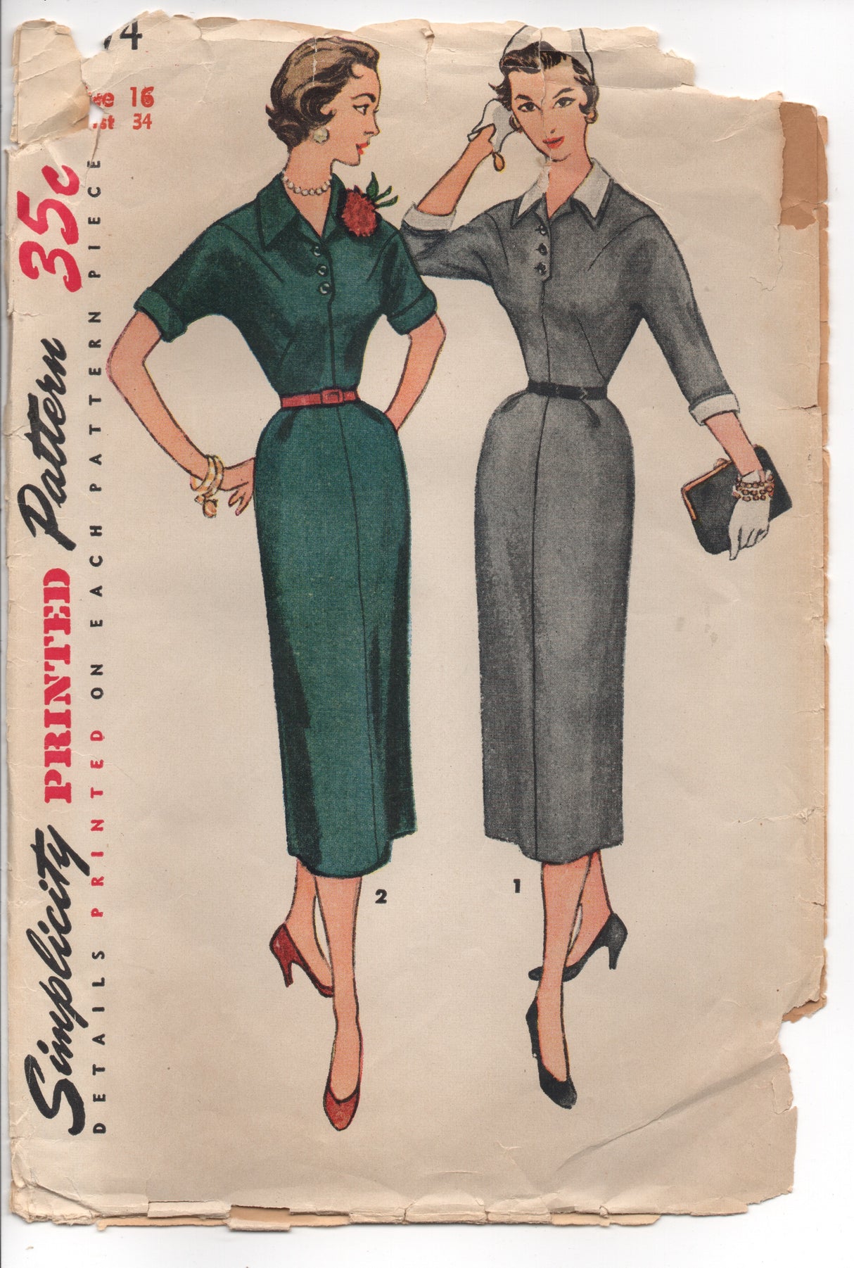 1950's Simplicity One Piece Sheath Dress with Button Front and Dolman Sleeves - Bust 34" - No. 4574