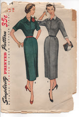 1950's Simplicity One Piece Sheath Dress with Button Front and Dolman Sleeves - Bust 34" - No. 4574