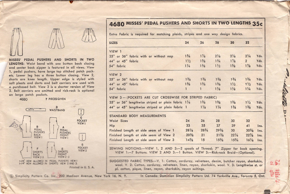 1950's Simplicity Pedal Pushers and High Waisted Shorts with Pockets Pattern - Waist 26" - No. 4680