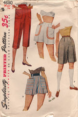 1950's Simplicity Pedal Pushers and High Waisted Shorts with Pockets Pattern - Waist 26" - No. 4680