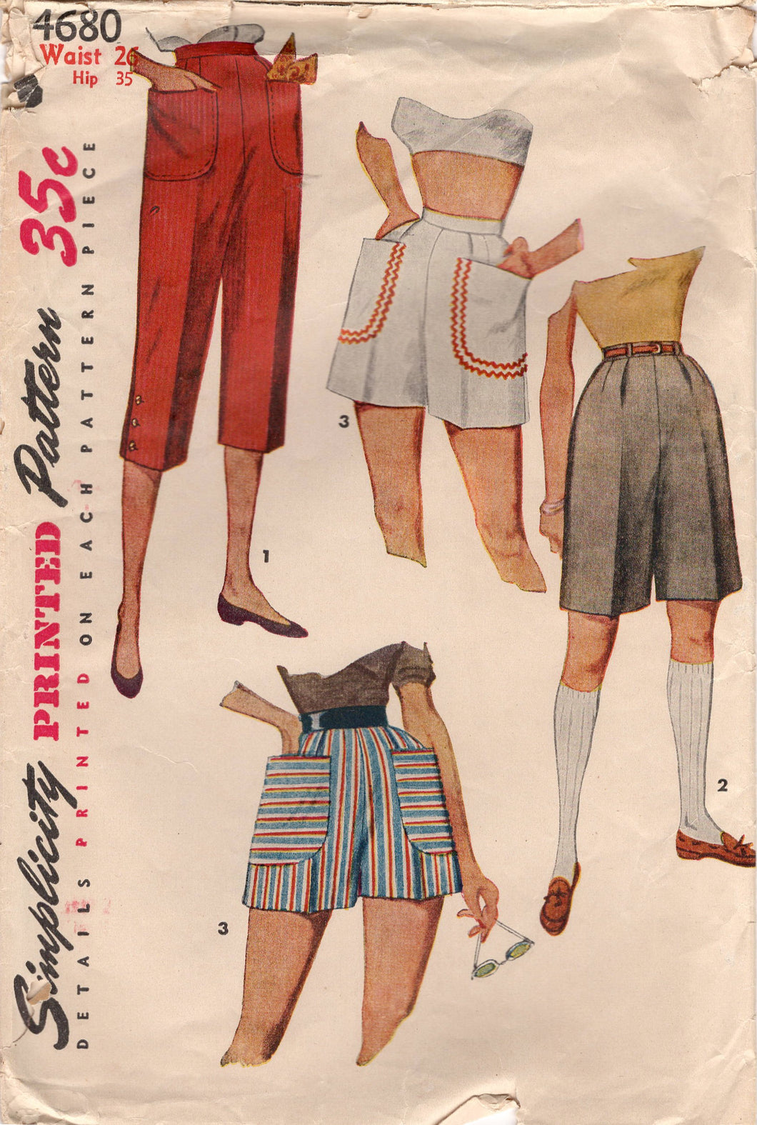 1950's Simplicity Pedal Pushers and High Waisted Shorts with Pockets Pattern - Waist 26