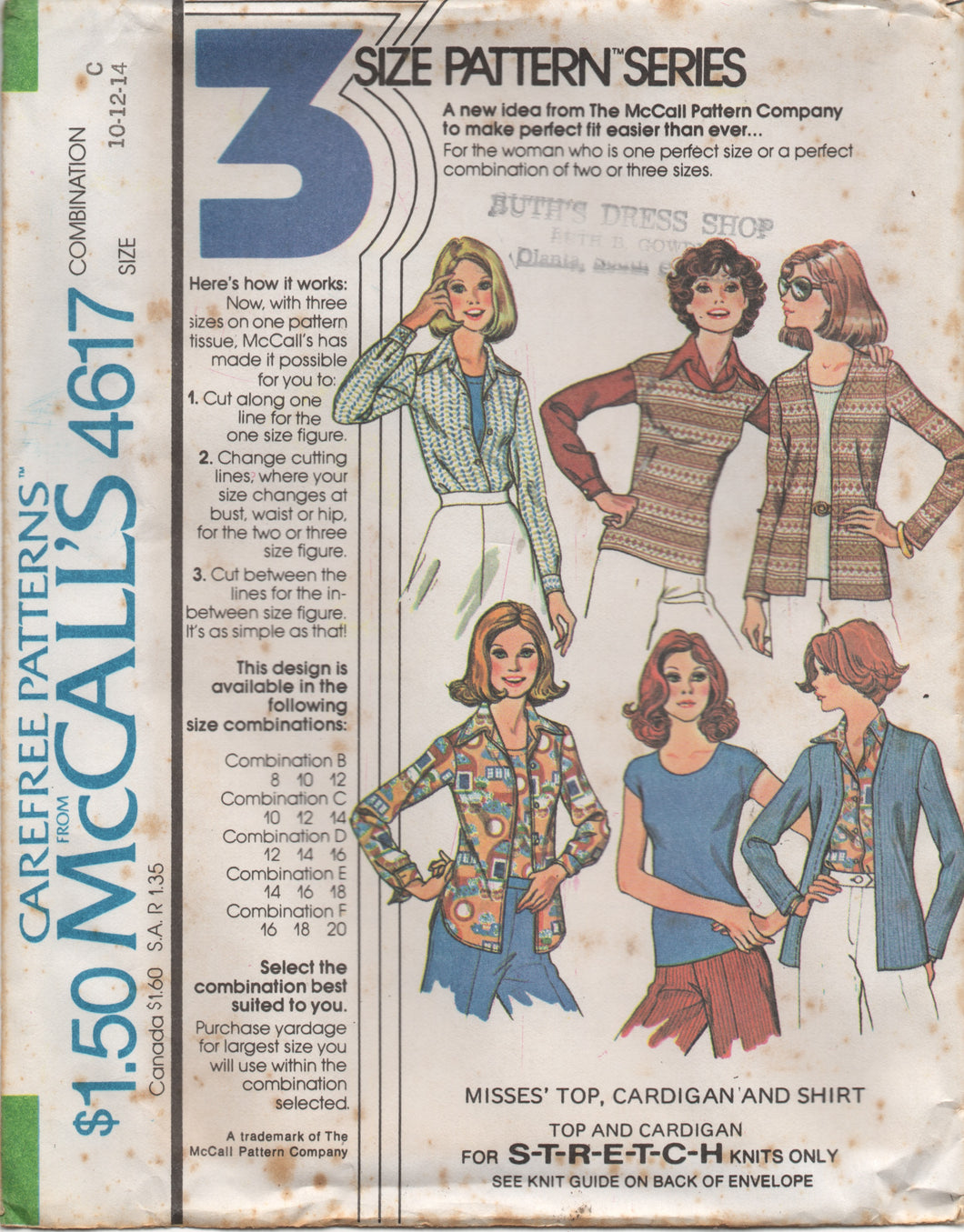 1970's McCall's Pullover Top, Cardigan and Button Up Shirt pattern - Bust 32.5-40